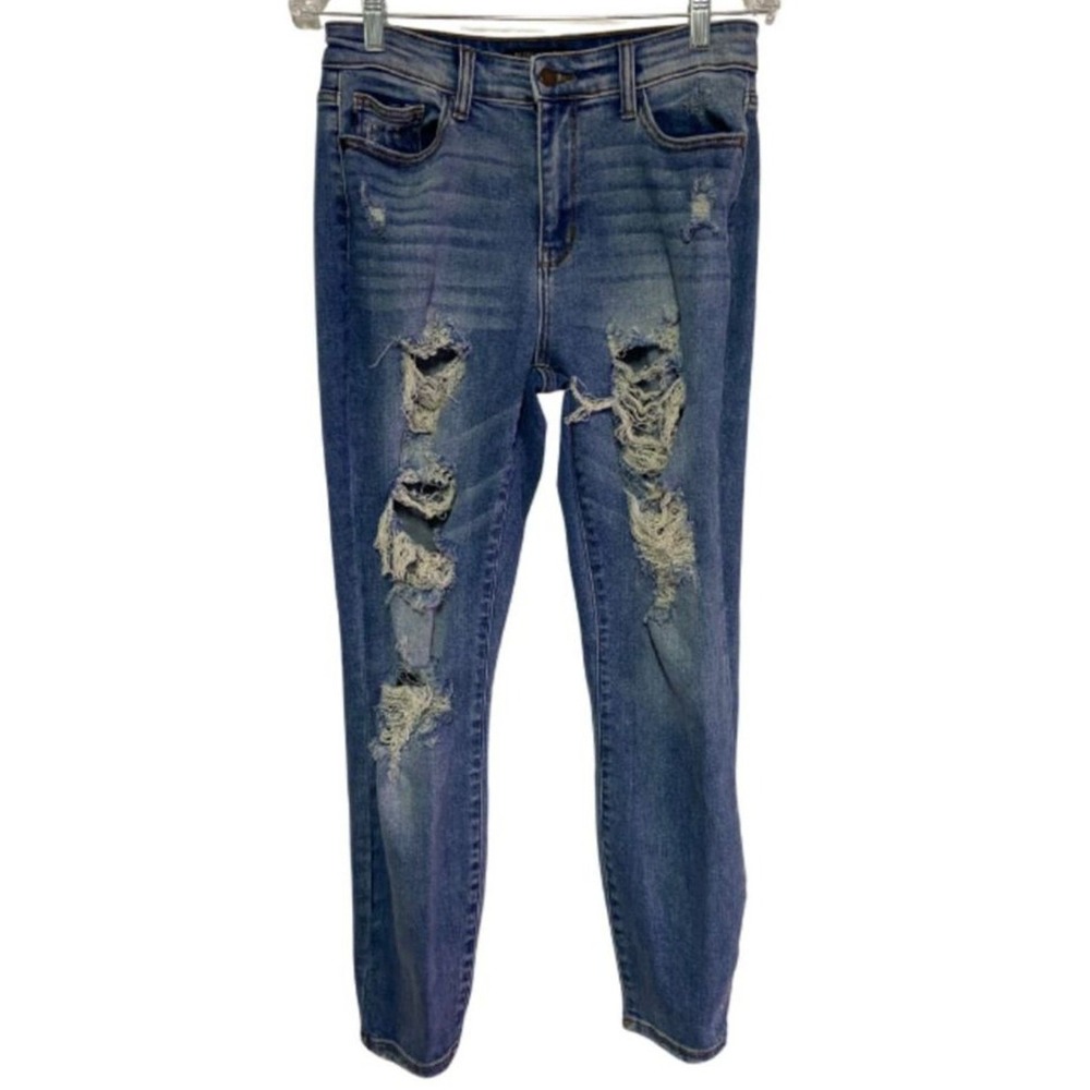 Judy Blue Jeans Women's Sz 27 Blue Boyfriend Fit Distressed Ripped Denim